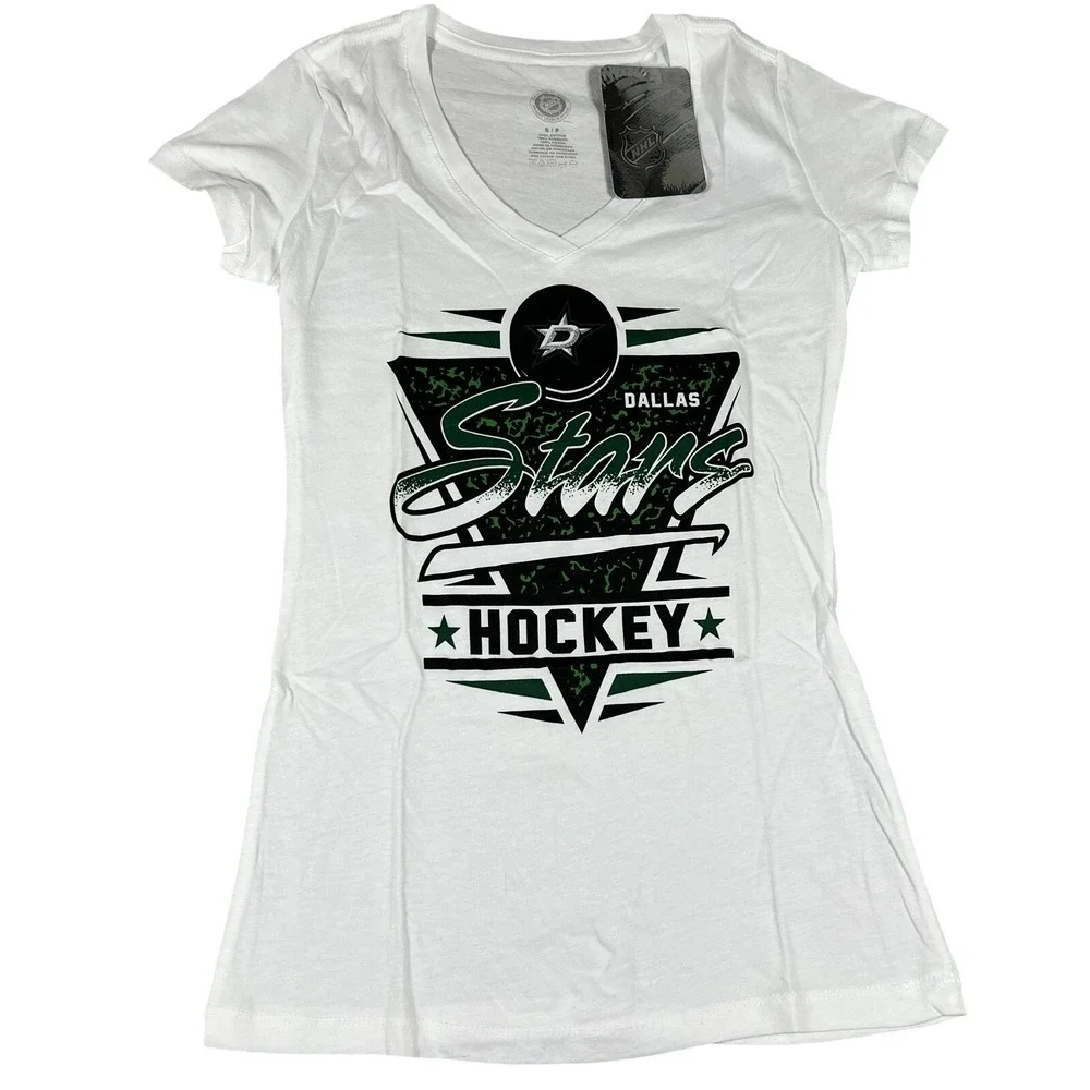 NHL Dallas Stars Womens Small White V-Neck Graphic T-Shirt Short Sleeve New NWT